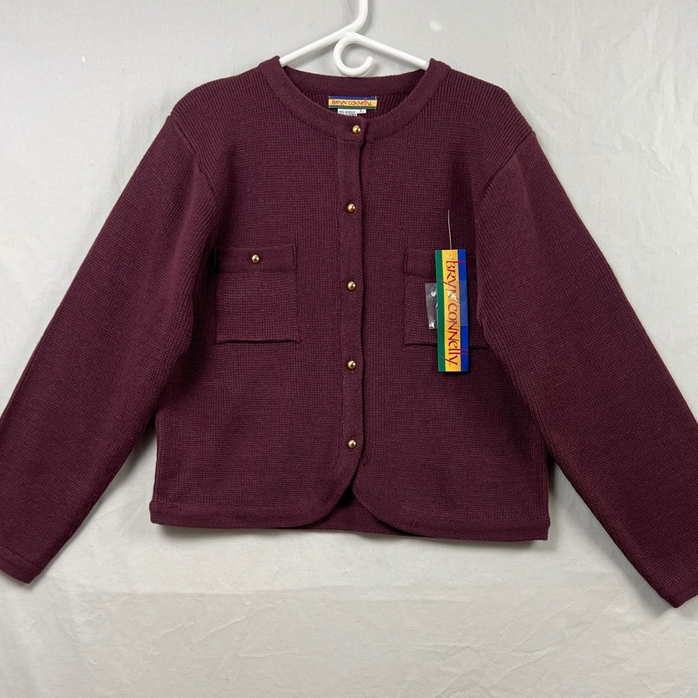 Bryn Connelly Cardigan Sweater Women Large Burgundy Gold Button Front Pockets